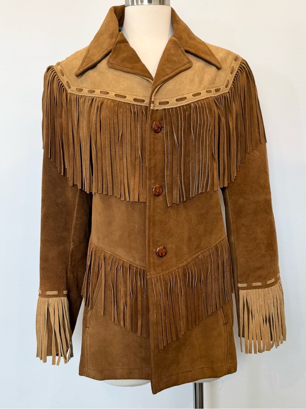 Vintage Pioneer Wear Genuine Leather Suede Fringe Two Tone Brown 70s Jacket Coat - Picture 12 of 12